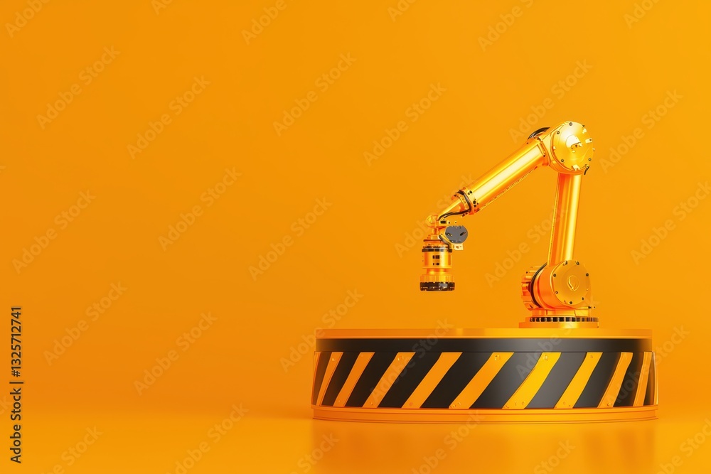 Poster 3d rendering of a yellow robotic arm on a platform in an automated factory environment