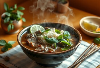 Steaming hot bowl of Pho with tender beef and soft noodles