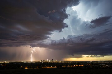 Thunderstorm Approaches City Skyline With Dramatic Lightning Strikes Under Dark Clouds Generative AI