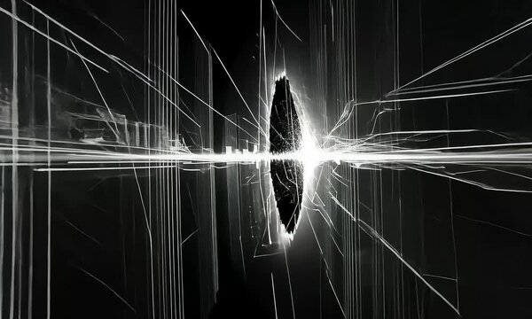 Monochromatic Digital Art Glowing Obsidian Portal, Fractured Reality