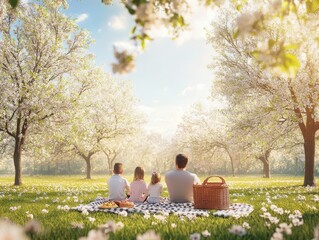 A Family Enjoying a Sunny Spring Picnic in a Vibrant Park
