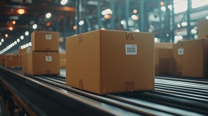 Boxes are being transported along an automated assembly line