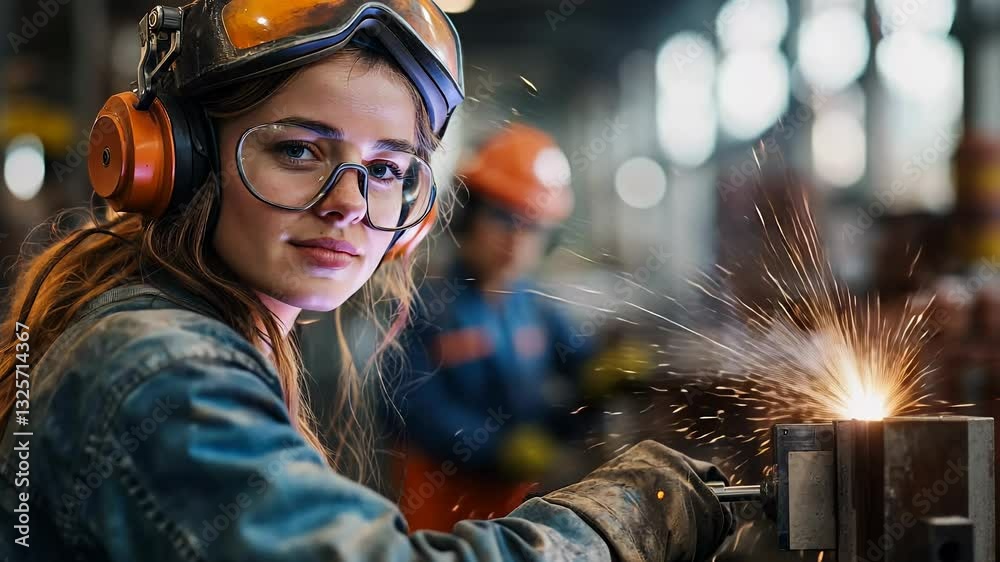 Poster a skilled female welder expertly operates a drill press while her colleagues assist in a bustling wo