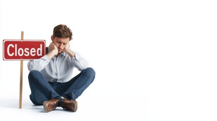 Businessman Expresses Disappointment While Sitting Next to Closed Sign During Economic Downturn