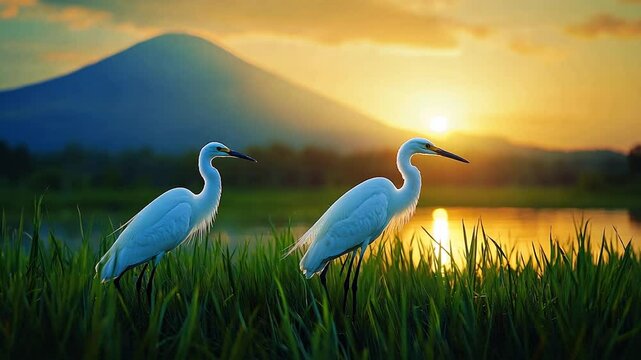 Graceful egrets in golden sunset light amidst lush rice paddies scenery