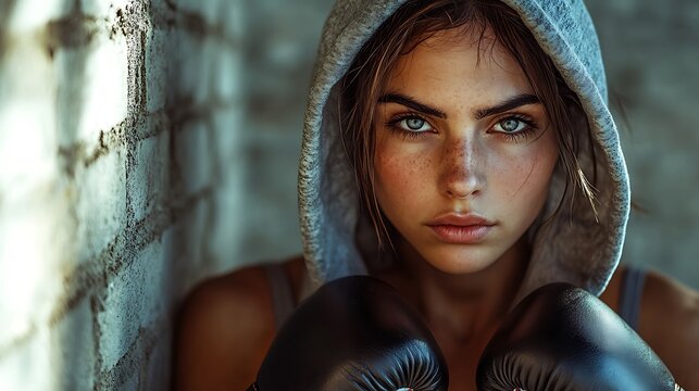 A female boxer standing against a brick wall, carefully wrapping her fists, wearing a stylish hoodie and breathable fight gear, intense gaze, moody lighting casting long shadows,