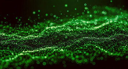 Abstract green energy waves from particles Glowing Dust  Flowing Waves  Bright Sparkle