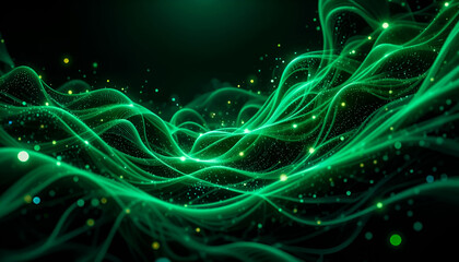 Dynamic green fractal lines glow with a futuristic wave effect