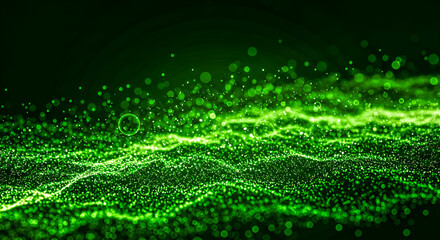 Abstract green energy waves from particles Glowing Dust  Flowing Waves  Bright Sparkle