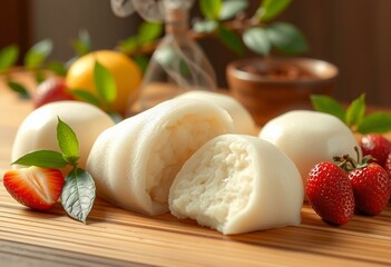 Delicious Mochi dessert with fresh fruits and greenery