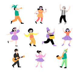 A collection of carnival character illustrations, featuring joyful performers, and dancers in colorful costumes. For festival posters, event promotions, party invitations.