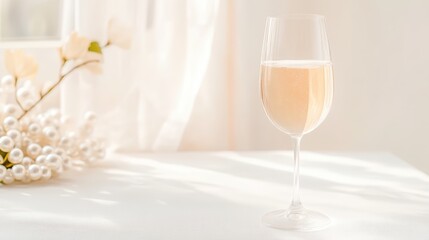 A glass of sparkling rosé wine sits on a white table next to a bouquet of white flowers and pearls. Soft light creates a serene and elegant mood.