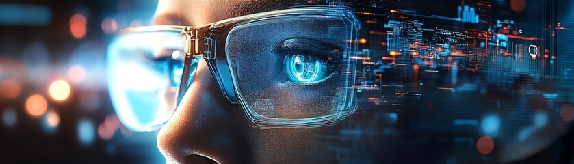 Person wearing AR glasses, digital overlay