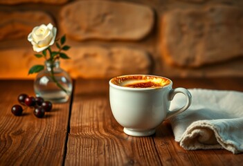 Obraz premium Delicious CrÃ¨me BrÃ»lÃ©e on rustic wooden table