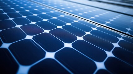 Close-Up View of Solar Panel Texture with Blue and Black Patterns Reflecting Light on a Clean Surface for Renewable Energy Applications