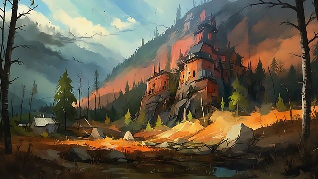 Autumnal Mountaintop Castle: A Digital Painting