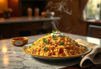 Steaming hot plate of Biryani with fresh cilantro and raita
