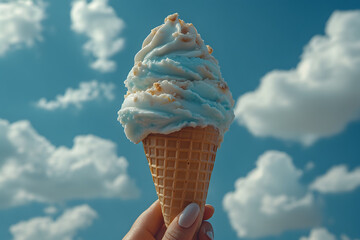 A person playfully holding an ice cream cone in the foreground, perfectly aligned with a fluffy cloud in the sky