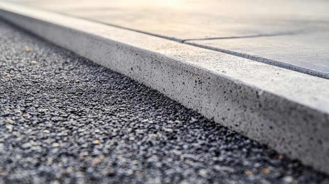 Close-Up View of Smooth Concrete Curb with Textured Asphalt Road Surface in Soft Morning Light Creating a Gentle Contrast for Urban Landscapes - Powered by Adobe
