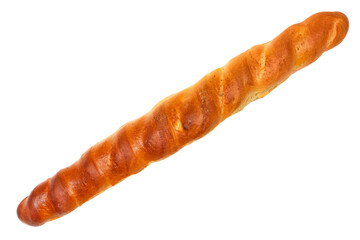 Long loaf of bread isolated on white background. Long bread roll.