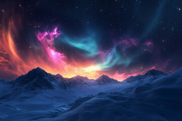  Northern Lights (Aurora Borealis) over a tranquil snow-covered countryside, with vivid colors dancing across the night sky and encapsulating the ethereal and enchanting atmosphere 