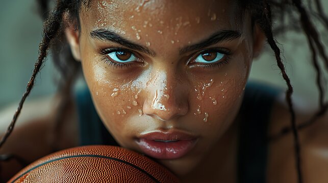 A close-up portrait of a determined female basketball player holding the ball with both hands, beads of sweat rolling down her face, focused gaze, moody lighting with dramatic contrast, deep shadows,