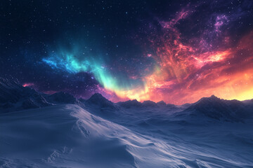  Northern Lights (Aurora Borealis) over a tranquil snow-covered countryside, with vivid colors dancing across the night sky and encapsulating the ethereal and enchanting atmosphere 