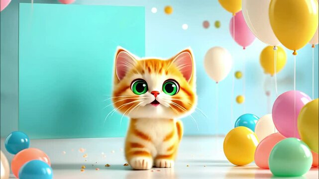 Little cute funny kitten dancing and jumping. Happy ginger cat dancing funny among balloons. Funny animation with dancing cartoon kitten. Birthday card with copy space