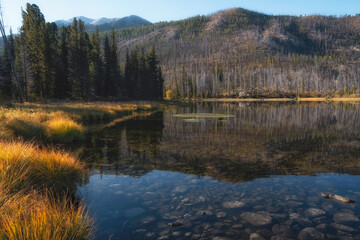 Beautiful landscape with mountain lake Arashan, where the peak is reflected in transparent water in Kazakhstan. Mountain Altai in Katon-Karagay Park.