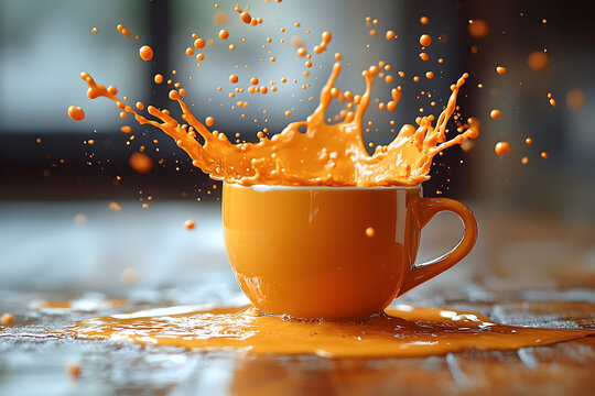 A dynamic shot of a coffee cup tilted as liquid spills out in slow-motion, concepts of chaos, morning rush, or caffeine addiction