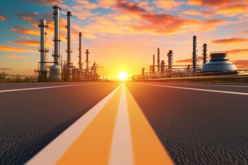 Expansive View of Petroleum Industry with Sunset Sky and Refinery Structures on Horizon