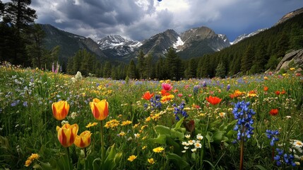 Panoramic view of the Rocky Mountains with colorful wildflowers in a lush meadow. Dense forests and snow-capped peaks under an overcast sky create a breathtaking spring landscape.