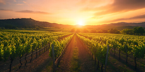 Fototapeta premium Picturesque Vineyard Bathed in Golden Sunset Light for a Romantic and Rustic Ambience