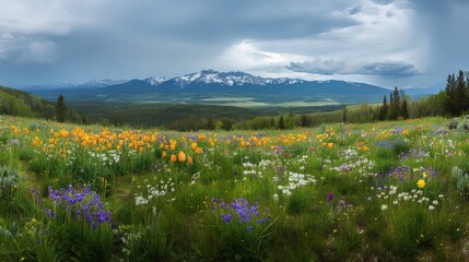 Panoramic view of the Rocky Mountains with colorful wildflowers in a lush meadow. Dense forests and snow-capped peaks under an overcast sky create a breathtaking spring landscape.