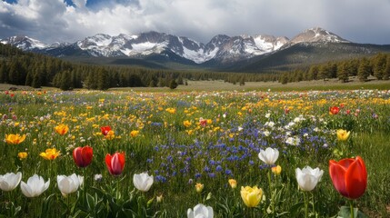 Fototapeta premium Panoramic view of the Rocky Mountains with colorful wildflowers in a lush meadow. Dense forests and snow-capped peaks under an overcast sky create a breathtaking spring landscape.