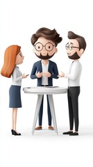 Fototapeta premium Three cartoon characters engaged in a discussion around a table, representing teamwork and collaboration in a professional setting.