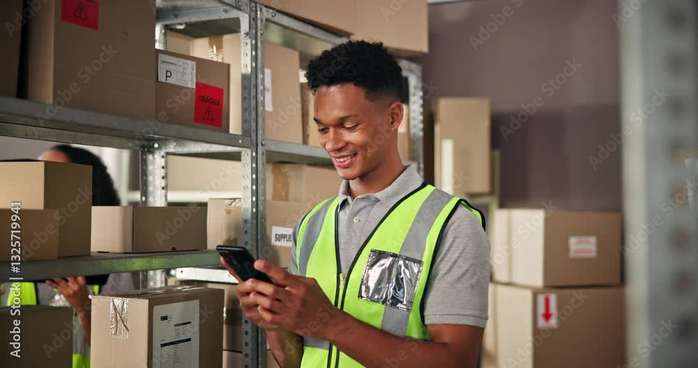 Poster man, boxes and thinking with phone for distribution, order inspection or quality control for invento