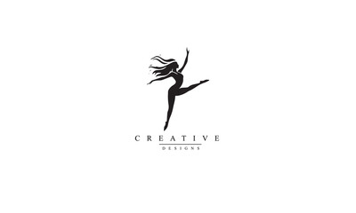 Dance logo. Dance studio black logo design. Fitness class banner background with symbol of abstract stylized gymnast girl in dancing pose. white background