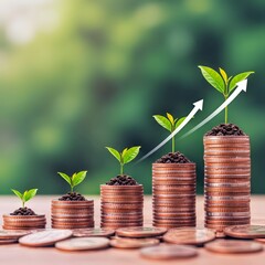 Financial development in business,. currency symbols,  showcasing increasing profit growth with upward trending graphs, and corporate imagery