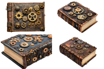 Steampunk book design featuring intricate gears artisan workshop creative photography industrial aesthetic close-up view