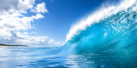 Obraz premium A powerful turquoise ocean wave crests and barrels under a bright blue sky with scattered white clouds.