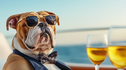 Stylish Bulldog with Sunglasses Enjoying a Luxurious Lifestyle by the Water