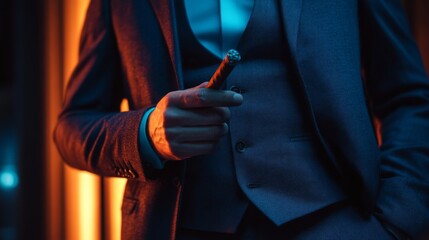 Elegant gentleman holding a cigar in a stylish suit. The contrasting colors add sophistication and intrigue. A timeless vibe for luxury contexts. Generative AI