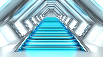 Obraz premium Futuristic blue staircase ascending in a bright, modern, metal hallway