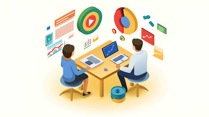 Fototapeta premium Modern Office Scene: 3D Cartoon Illustration of a Duo with a Laptop