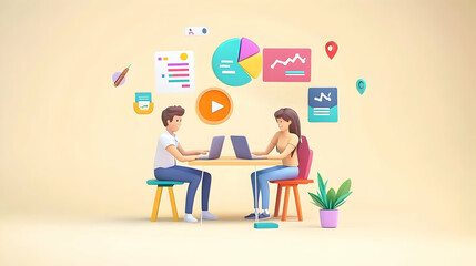 Fototapeta premium Modern Office Scene: 3D Cartoon Illustration of a Duo with a Laptop