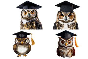 Graduation celebration owls forest setting digital art whimsical environment close-up view academic achievement theme