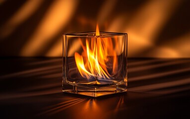 Colorful flames dance in a transparent glass container against a dark background creating a warm atmosphere