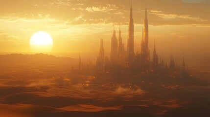 Naklejka premium A futuristic city silhouette rises from the sandy desert at sunset