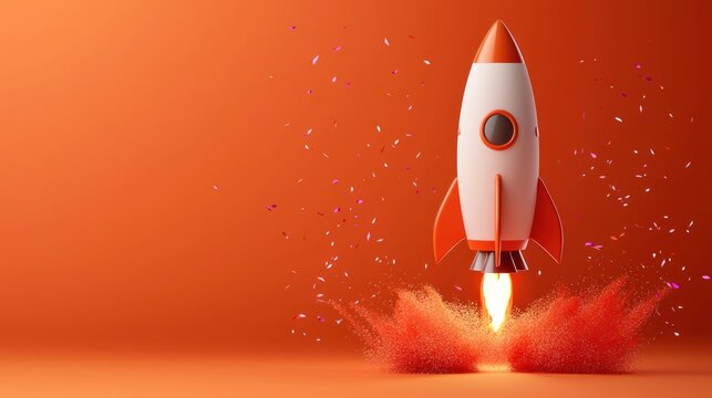 A cartoon rocket ship launches into the air with flames